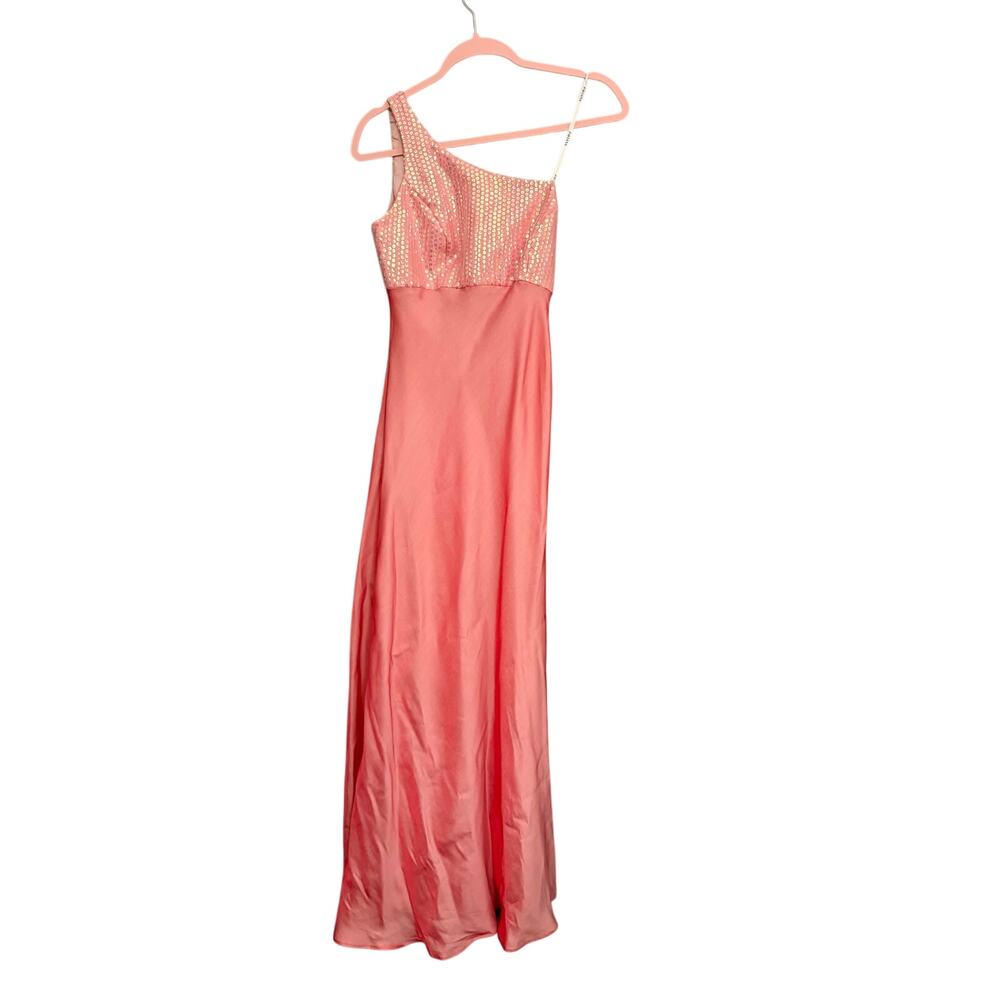 Vintage Faviana Y2K Peach Pink Sequin One Shoulder Prom Formal Gown Dress 5/6